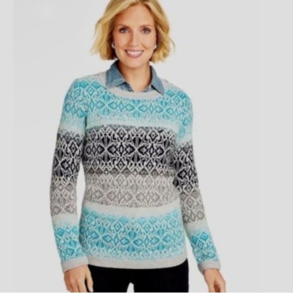 Talbots Womens Blue Grey Fair Isle Lambswool Blend Crewneck Sweater Size S